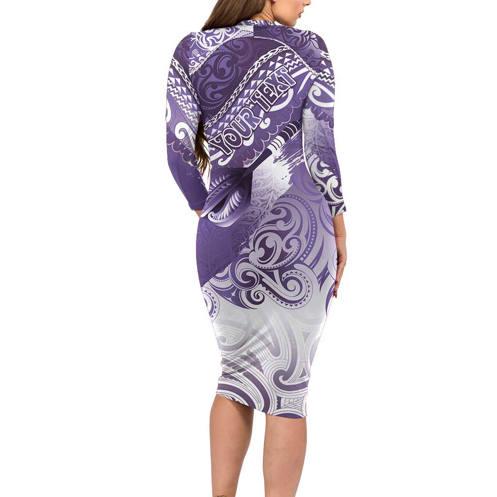 Personalised New Zealand Aotearoa Darts Masters Long Sleeve Bodycon Dress Maori Art Tattoo with Tribal Dart Symbol Purple LT03 - Polynesian Pride