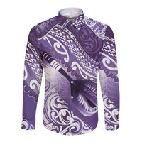 Personalised New Zealand Aotearoa Darts Masters Long Sleeve Button Shirt Maori Art Tattoo with Tribal Dart Symbol Purple LT03 Unisex Purple - Polynesian Pride