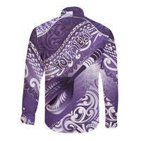 Personalised New Zealand Aotearoa Darts Masters Long Sleeve Button Shirt Maori Art Tattoo with Tribal Dart Symbol Purple LT03 - Polynesian Pride