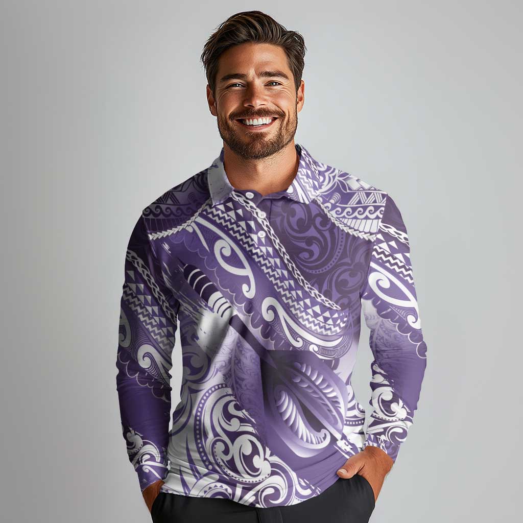 Personalised New Zealand Aotearoa Darts Masters Long Sleeve Polo Shirt Maori Art Tattoo with Tribal Dart Symbol Purple LT03 - Polynesian Pride