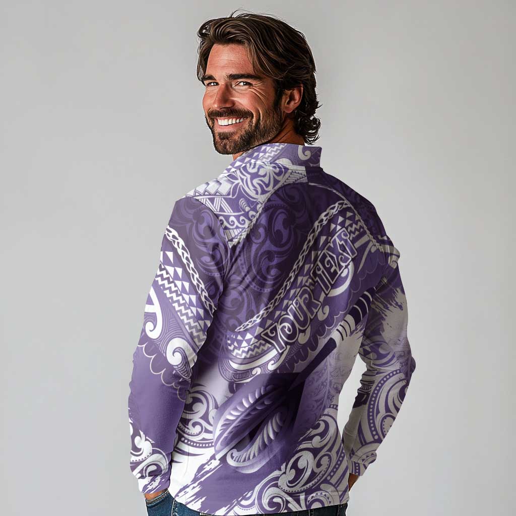 Personalised New Zealand Aotearoa Darts Masters Long Sleeve Polo Shirt Maori Art Tattoo with Tribal Dart Symbol Purple LT03 - Polynesian Pride