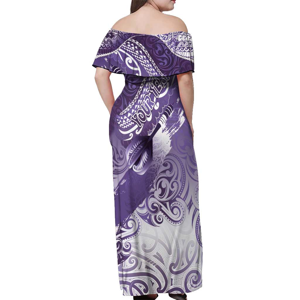 Personalised New Zealand Aotearoa Darts Masters Off Shoulder Maxi Dress Maori Art Tattoo with Tribal Dart Symbol Purple LT03 - Polynesian Pride