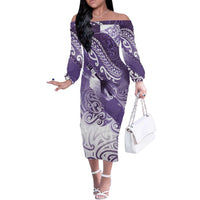 Personalised New Zealand Aotearoa Darts Masters Off The Shoulder Long Sleeve Dress Maori Art Tattoo with Tribal Dart Symbol Purple LT03 Women Purple - Polynesian Pride