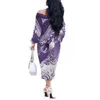 Personalised New Zealand Aotearoa Darts Masters Off The Shoulder Long Sleeve Dress Maori Art Tattoo with Tribal Dart Symbol Purple LT03 - Polynesian Pride