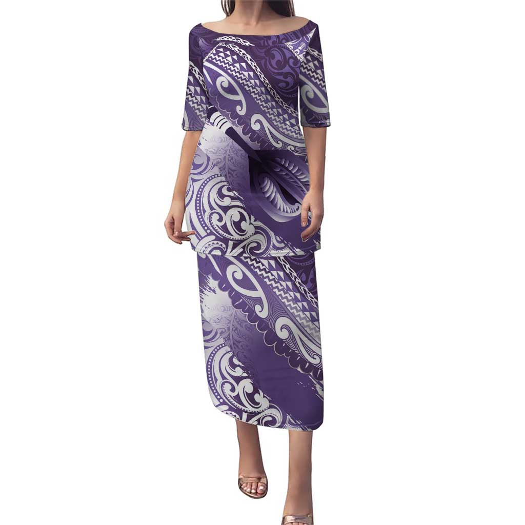 Personalised New Zealand Aotearoa Darts Masters Puletasi Maori Art Tattoo with Tribal Dart Symbol Purple LT03 Long Dress Purple - Polynesian Pride