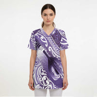 Personalised New Zealand Aotearoa Darts Masters Scrub Top Maori Art Tattoo with Tribal Dart Symbol Purple LT03 - Polynesian Pride