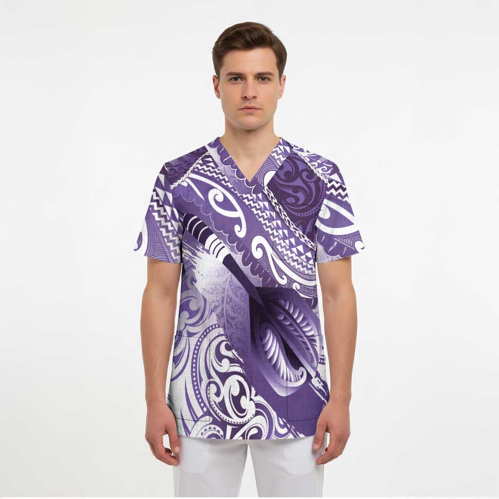 Personalised New Zealand Aotearoa Darts Masters Scrub Top Maori Art Tattoo with Tribal Dart Symbol Purple LT03 - Polynesian Pride