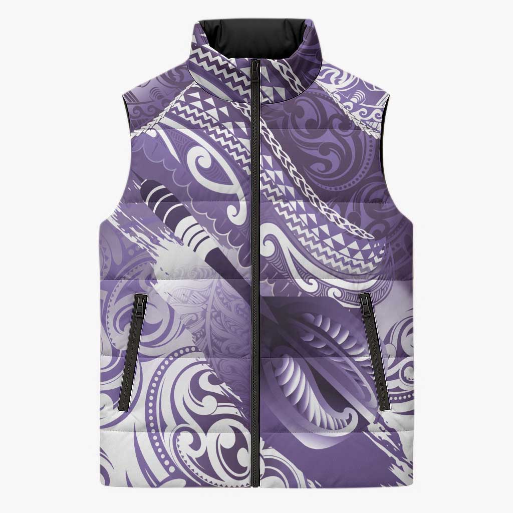 Personalised New Zealand Aotearoa Darts Masters Sleeveless Puffer Jacket Maori Art Tattoo with Tribal Dart Symbol Purple - Polynesian Pride
