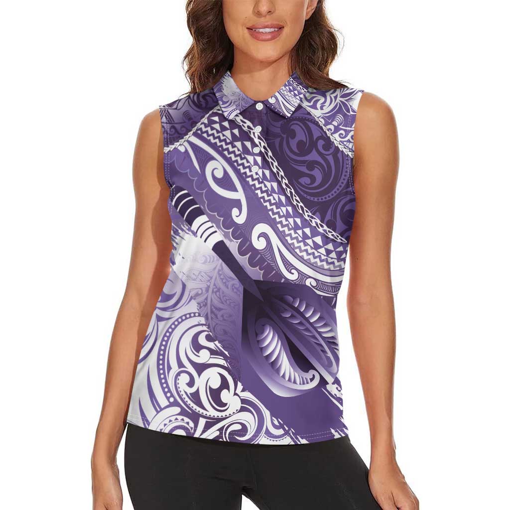 Personalised New Zealand Aotearoa Darts Masters Women Sleeveless Polo Shirt Maori Art Tattoo with Tribal Dart Symbol Purple LT03 - Polynesian Pride
