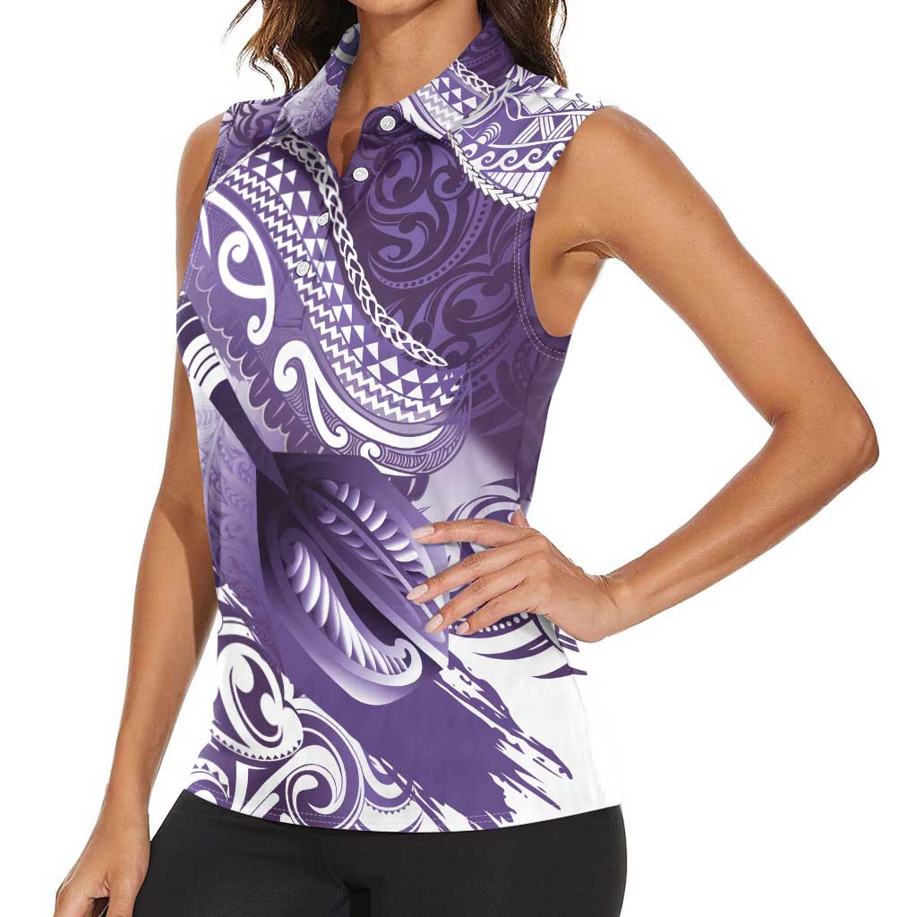 Personalised New Zealand Aotearoa Darts Masters Women Sleeveless Polo Shirt Maori Art Tattoo with Tribal Dart Symbol Purple LT03 - Polynesian Pride