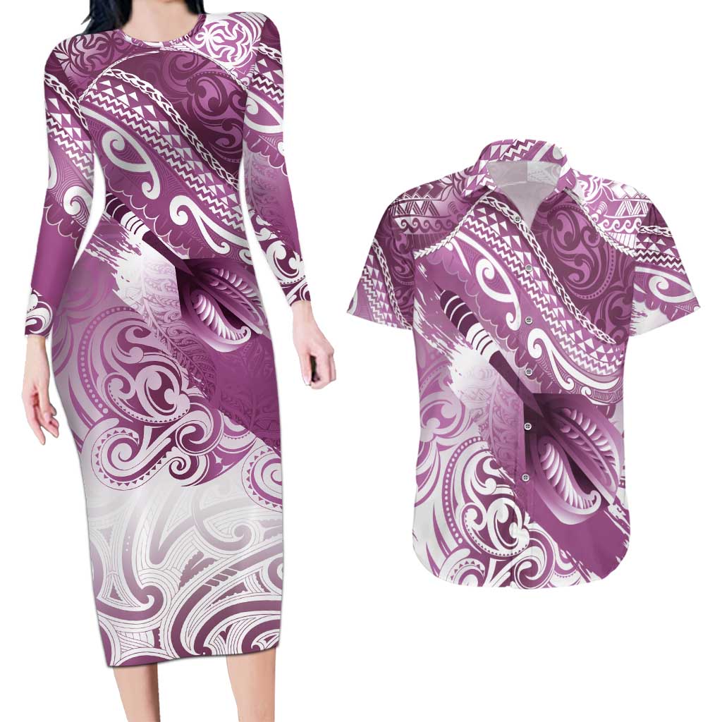 Personalised New Zealand Aotearoa Darts Masters Couples Matching Long Sleeve Bodycon Dress and Hawaiian Shirt Maori Art Tattoo with Tribal Dart Symbol Pink LT03 Pink - Polynesian Pride