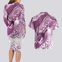 Personalised New Zealand Aotearoa Darts Masters Couples Matching Long Sleeve Bodycon Dress and Hawaiian Shirt Maori Art Tattoo with Tribal Dart Symbol Pink LT03 - Polynesian Pride