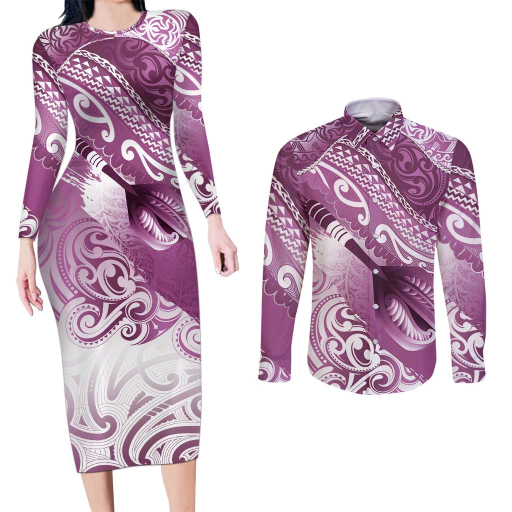 Personalised New Zealand Aotearoa Darts Masters Couples Matching Long Sleeve Bodycon Dress and Long Sleeve Button Shirt Maori Art Tattoo with Tribal Dart Symbol Pink LT03 Pink - Polynesian Pride