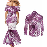 Personalised New Zealand Aotearoa Darts Masters Couples Matching Mermaid Dress and Long Sleeve Button Shirt Maori Art Tattoo with Tribal Dart Symbol Pink LT03 - Polynesian Pride