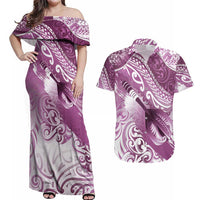 Personalised New Zealand Aotearoa Darts Masters Couples Matching Off Shoulder Maxi Dress and Hawaiian Shirt Maori Art Tattoo with Tribal Dart Symbol Pink LT03 Pink - Polynesian Pride