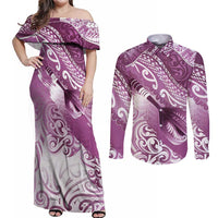 Personalised New Zealand Aotearoa Darts Masters Couples Matching Off Shoulder Maxi Dress and Long Sleeve Button Shirt Maori Art Tattoo with Tribal Dart Symbol Pink LT03 Pink - Polynesian Pride