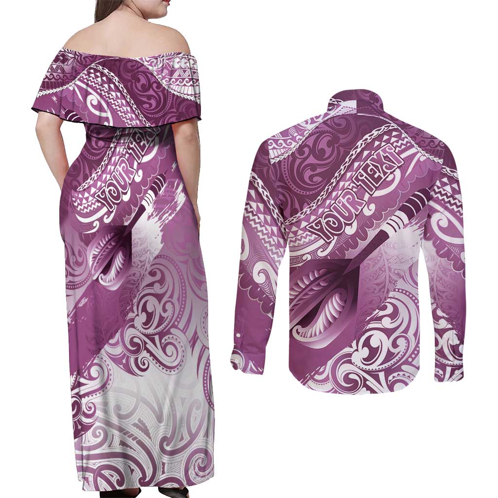 Personalised New Zealand Aotearoa Darts Masters Couples Matching Off Shoulder Maxi Dress and Long Sleeve Button Shirt Maori Art Tattoo with Tribal Dart Symbol Pink LT03 - Polynesian Pride