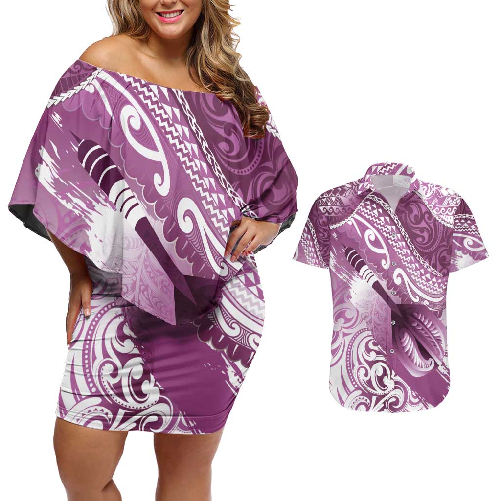 Personalised New Zealand Aotearoa Darts Masters Couples Matching Off Shoulder Short Dress and Hawaiian Shirt Maori Art Tattoo with Tribal Dart Symbol Pink LT03 Pink - Polynesian Pride