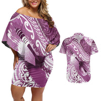 Personalised New Zealand Aotearoa Darts Masters Couples Matching Off Shoulder Short Dress and Hawaiian Shirt Maori Art Tattoo with Tribal Dart Symbol Pink LT03 Pink - Polynesian Pride