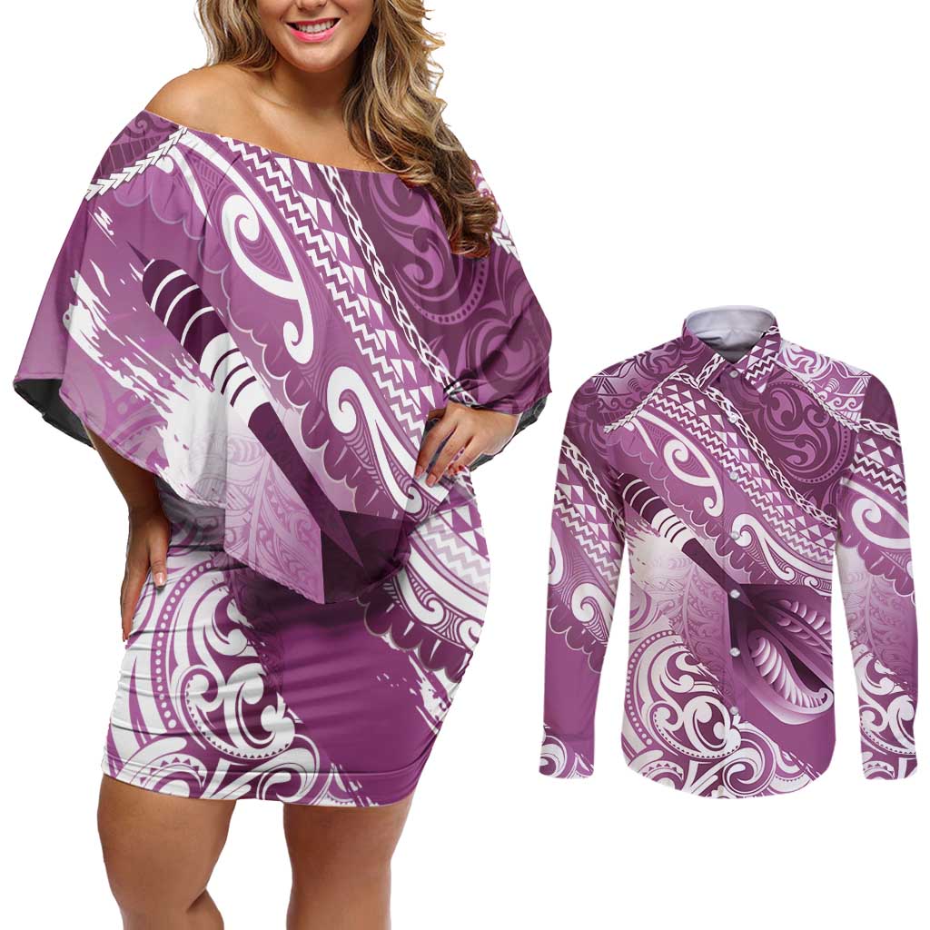 Personalised New Zealand Aotearoa Darts Masters Couples Matching Off Shoulder Short Dress and Long Sleeve Button Shirt Maori Art Tattoo with Tribal Dart Symbol Pink - Polynesian Pride