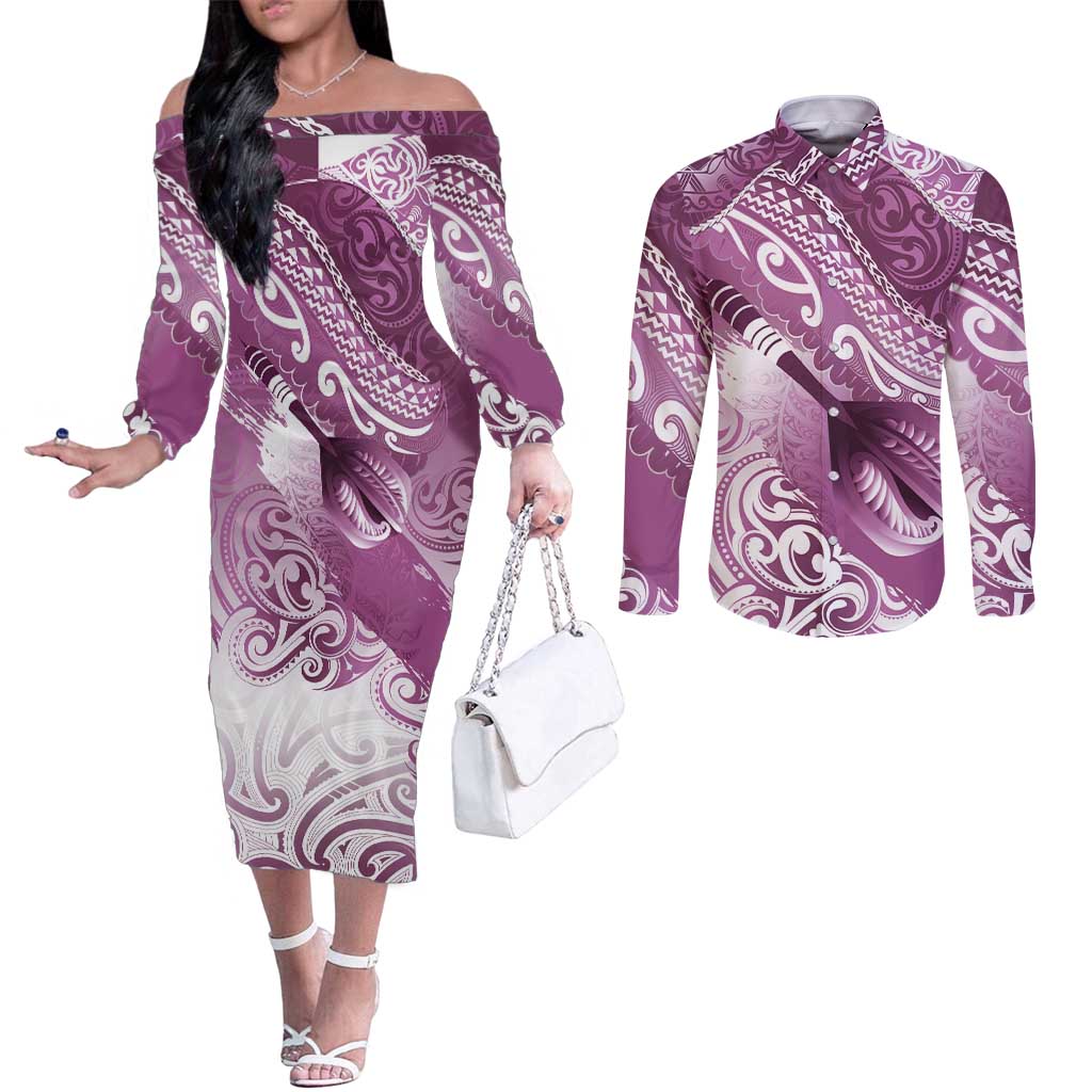 Personalised New Zealand Aotearoa Darts Masters Couples Matching Off The Shoulder Long Sleeve Dress and Long Sleeve Button Shirt Maori Art Tattoo with Tribal Dart Symbol Pink LT03 Pink - Polynesian Pride