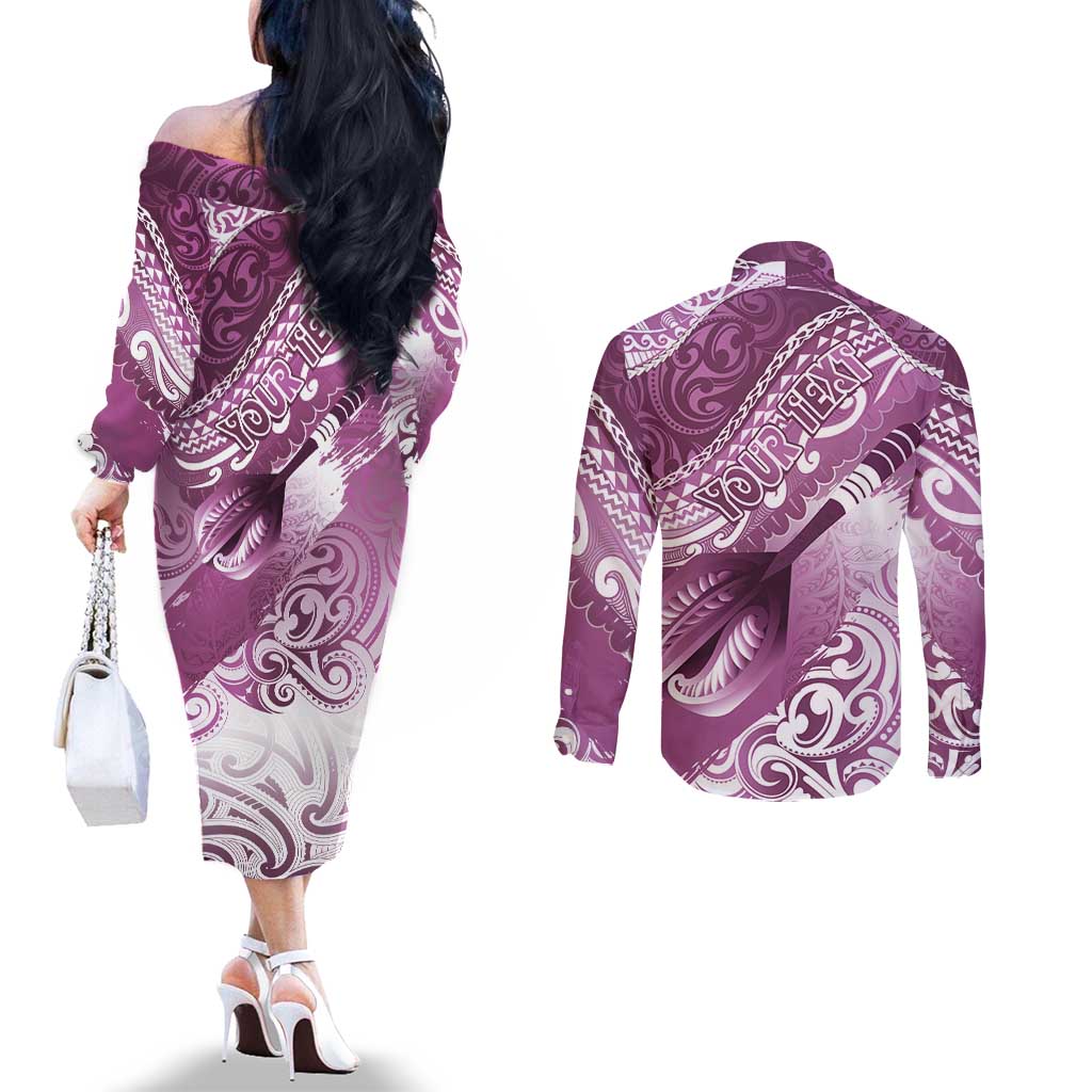 Personalised New Zealand Aotearoa Darts Masters Couples Matching Off The Shoulder Long Sleeve Dress and Long Sleeve Button Shirt Maori Art Tattoo with Tribal Dart Symbol Pink LT03 - Polynesian Pride