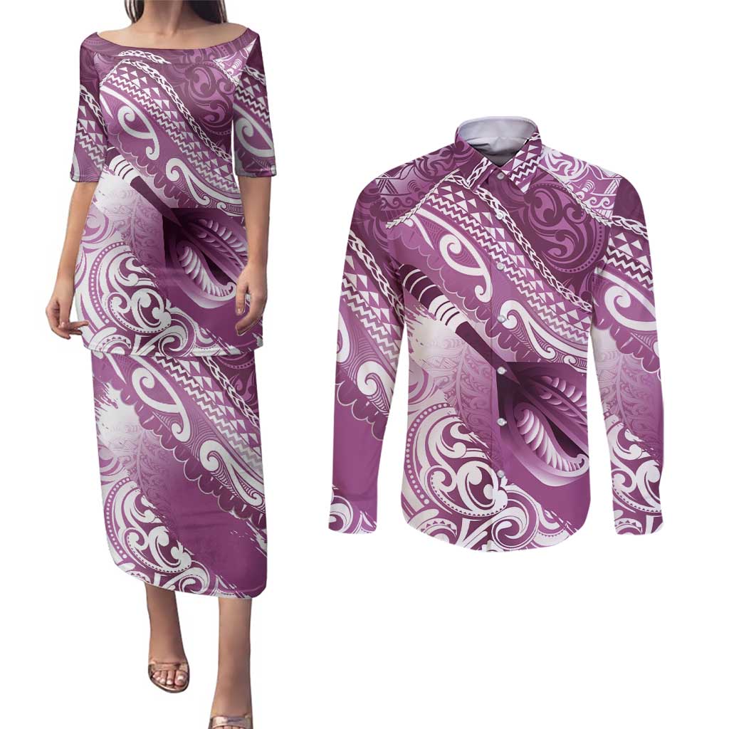 Personalised New Zealand Aotearoa Darts Masters Couples Matching Puletasi and Long Sleeve Button Shirt Maori Art Tattoo with Tribal Dart Symbol Pink LT03 Pink - Polynesian Pride