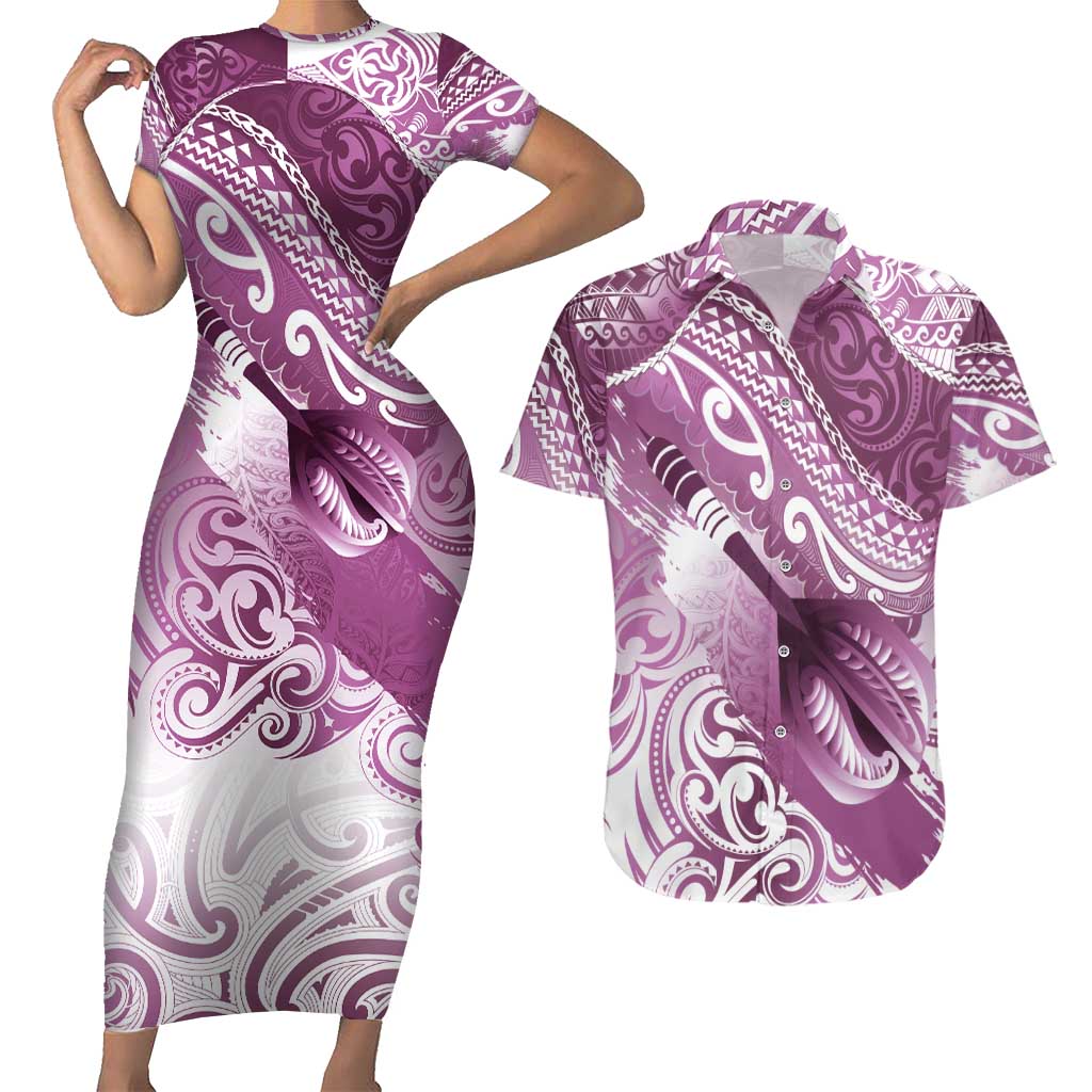 Personalised New Zealand Aotearoa Darts Masters Couples Matching Short Sleeve Bodycon Dress and Hawaiian Shirt Maori Art Tattoo with Tribal Dart Symbol Pink LT03 Pink - Polynesian Pride