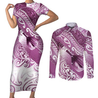 Personalised New Zealand Aotearoa Darts Masters Couples Matching Short Sleeve Bodycon Dress and Long Sleeve Button Shirt Maori Art Tattoo with Tribal Dart Symbol Pink LT03 Pink - Polynesian Pride