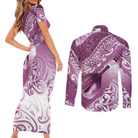 Personalised New Zealand Aotearoa Darts Masters Couples Matching Short Sleeve Bodycon Dress and Long Sleeve Button Shirt Maori Art Tattoo with Tribal Dart Symbol Pink LT03 - Polynesian Pride