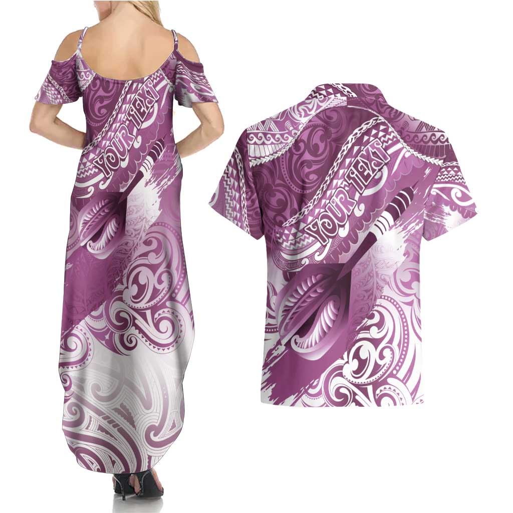 Personalised New Zealand Aotearoa Darts Masters Couples Matching Summer Maxi Dress and Hawaiian Shirt Maori Art Tattoo with Tribal Dart Symbol Pink LT03 - Polynesian Pride
