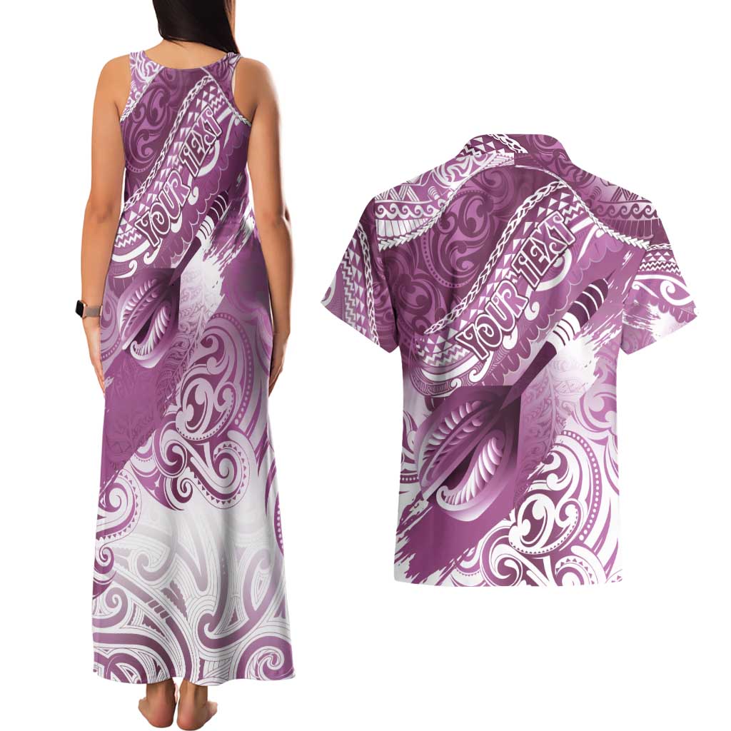 Personalised New Zealand Aotearoa Darts Masters Couples Matching Tank Maxi Dress and Hawaiian Shirt Maori Art Tattoo with Tribal Dart Symbol Pink LT03 - Polynesian Pride