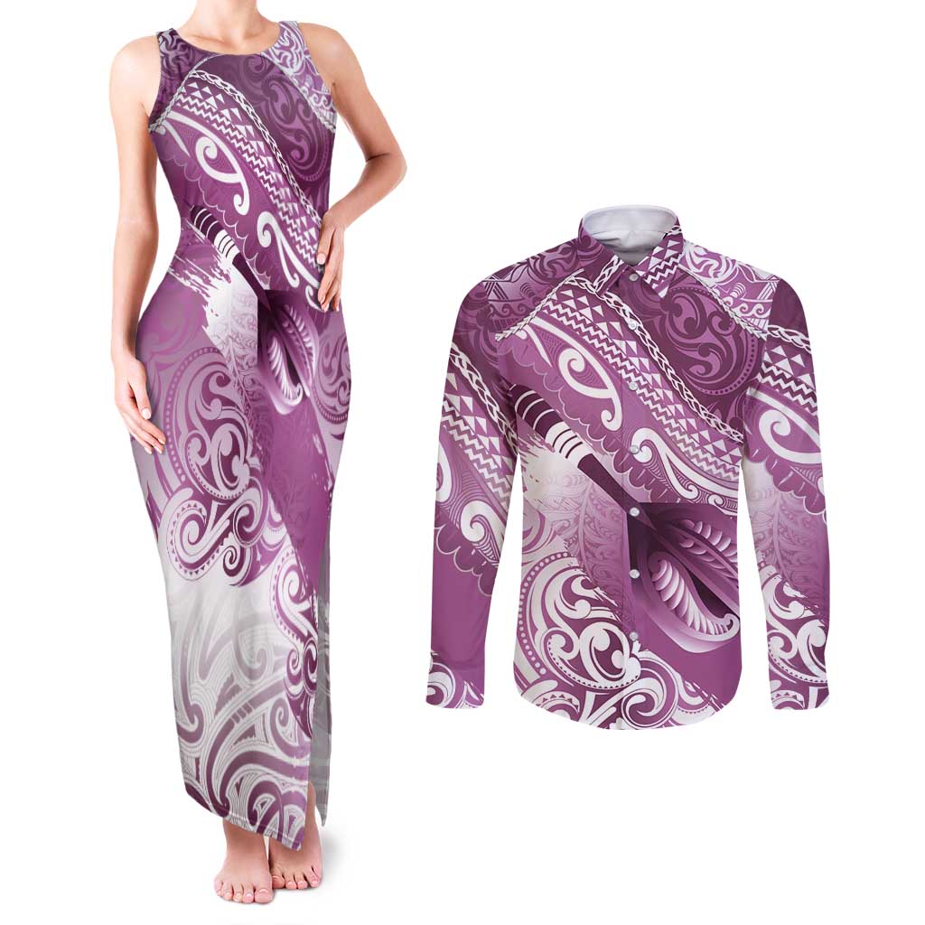 Personalised New Zealand Aotearoa Darts Masters Couples Matching Tank Maxi Dress and Long Sleeve Button Shirt Maori Art Tattoo with Tribal Dart Symbol Pink LT03 Pink - Polynesian Pride