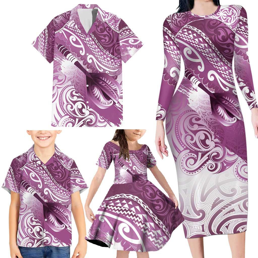 Personalised New Zealand Aotearoa Darts Masters Family Matching Long Sleeve Bodycon Dress and Hawaiian Shirt Maori Art Tattoo with Tribal Dart Symbol Pink LT03 - Polynesian Pride