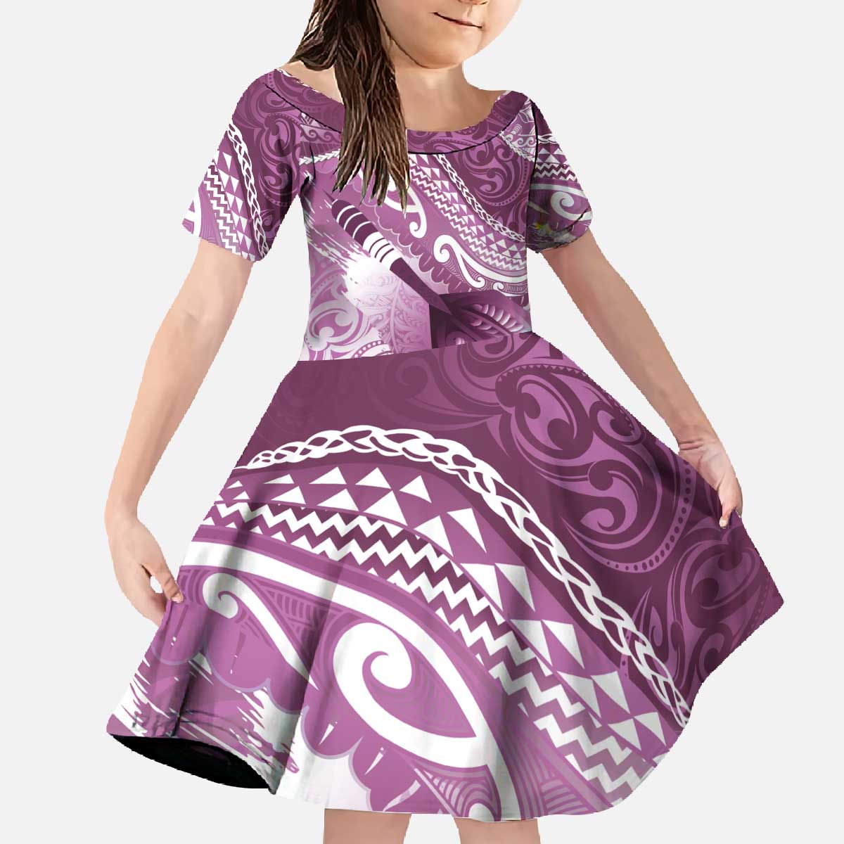 Personalised New Zealand Aotearoa Darts Masters Family Matching Off The Shoulder Long Sleeve Dress and Hawaiian Shirt Maori Art Tattoo with Tribal Dart Symbol Pink LT03 Daughter's Dress Pink - Polynesian Pride