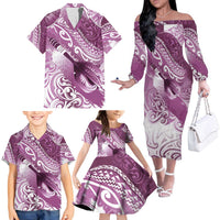 Personalised New Zealand Aotearoa Darts Masters Family Matching Off The Shoulder Long Sleeve Dress and Hawaiian Shirt Maori Art Tattoo with Tribal Dart Symbol Pink LT03 - Polynesian Pride