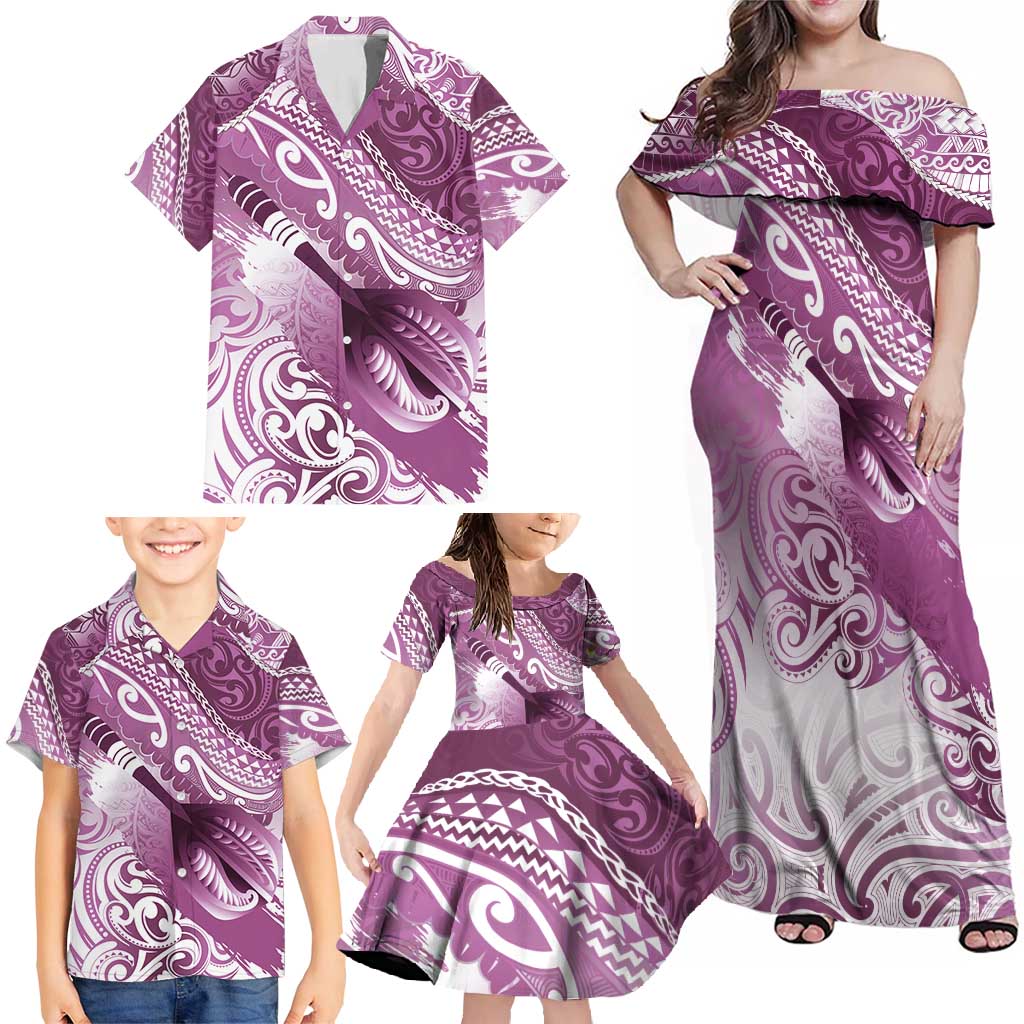 Personalised New Zealand Aotearoa Darts Masters Family Matching Off Shoulder Maxi Dress and Hawaiian Shirt Maori Art Tattoo with Tribal Dart Symbol Pink LT03 - Polynesian Pride