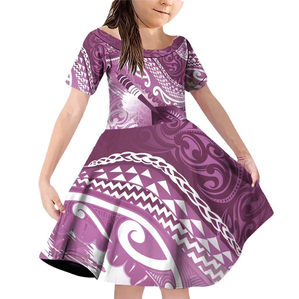 Personalised New Zealand Aotearoa Darts Masters Family Matching Off Shoulder Short Dress and Hawaiian Shirt Maori Art Tattoo with Tribal Dart Symbol Pink LT03 Daughter's Dress Pink - Polynesian Pride