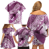 Personalised New Zealand Aotearoa Darts Masters Family Matching Off Shoulder Short Dress and Hawaiian Shirt Maori Art Tattoo with Tribal Dart Symbol Pink LT03 - Polynesian Pride
