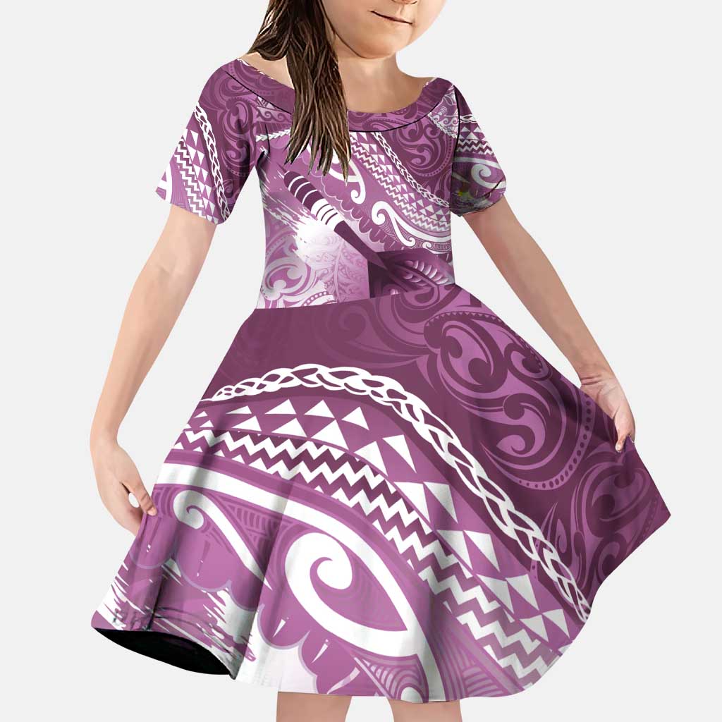 Personalised New Zealand Aotearoa Darts Masters Family Matching Puletasi and Hawaiian Shirt Maori Art Tattoo with Tribal Dart Symbol Pink LT03 Daughter's Dress Pink - Polynesian Pride