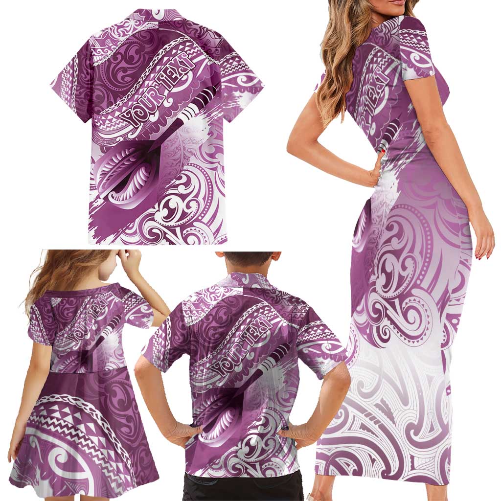 Personalised New Zealand Aotearoa Darts Masters Family Matching Short Sleeve Bodycon Dress and Hawaiian Shirt Maori Art Tattoo with Tribal Dart Symbol Pink LT03 - Polynesian Pride