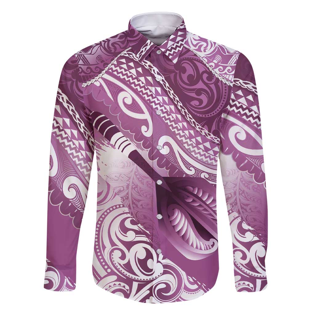 Personalised New Zealand Aotearoa Darts Masters Family Matching Short Sleeve Bodycon Dress and Hawaiian Shirt Maori Art Tattoo with Tribal Dart Symbol Pink LT03 Dad's Shirt - Long Sleeve Pink - Polynesian Pride