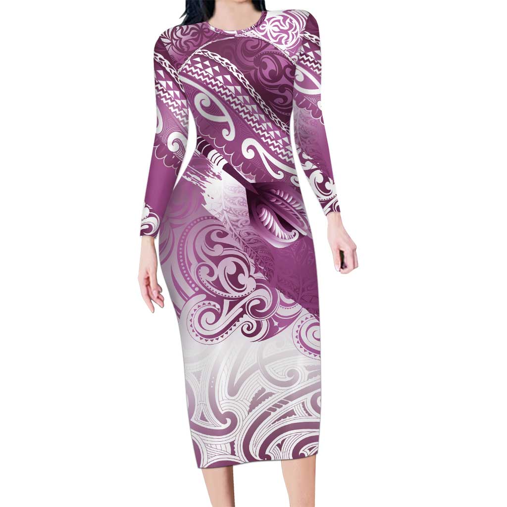 Personalised New Zealand Aotearoa Darts Masters Long Sleeve Bodycon Dress Maori Art Tattoo with Tribal Dart Symbol Pink LT03 Long Dress Pink - Polynesian Pride
