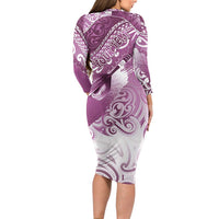 Personalised New Zealand Aotearoa Darts Masters Long Sleeve Bodycon Dress Maori Art Tattoo with Tribal Dart Symbol Pink LT03 - Polynesian Pride