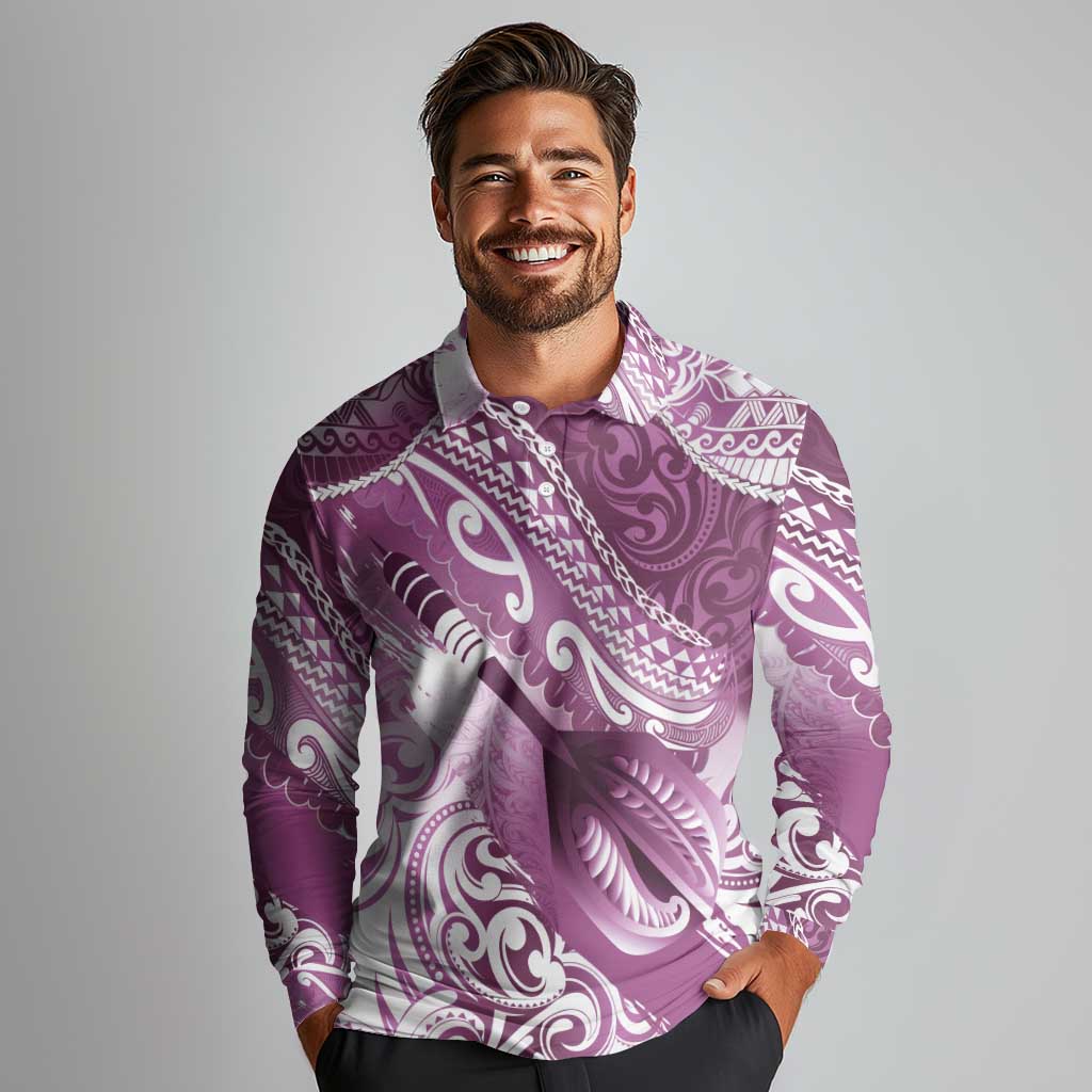 Personalised New Zealand Aotearoa Darts Masters Long Sleeve Polo Shirt Maori Art Tattoo with Tribal Dart Symbol Pink LT03 - Polynesian Pride