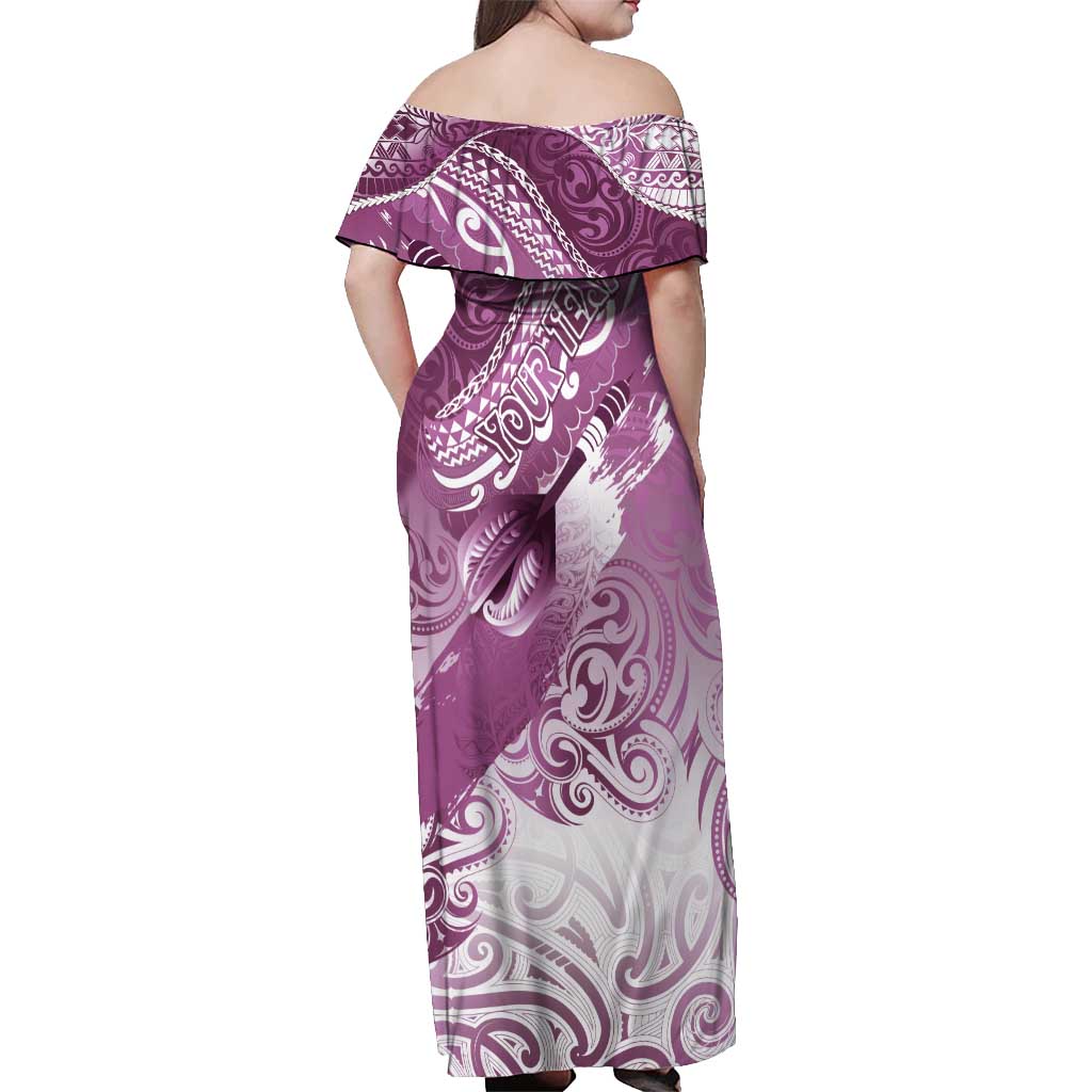 Personalised New Zealand Aotearoa Darts Masters Off Shoulder Maxi Dress Maori Art Tattoo with Tribal Dart Symbol Pink LT03 - Polynesian Pride