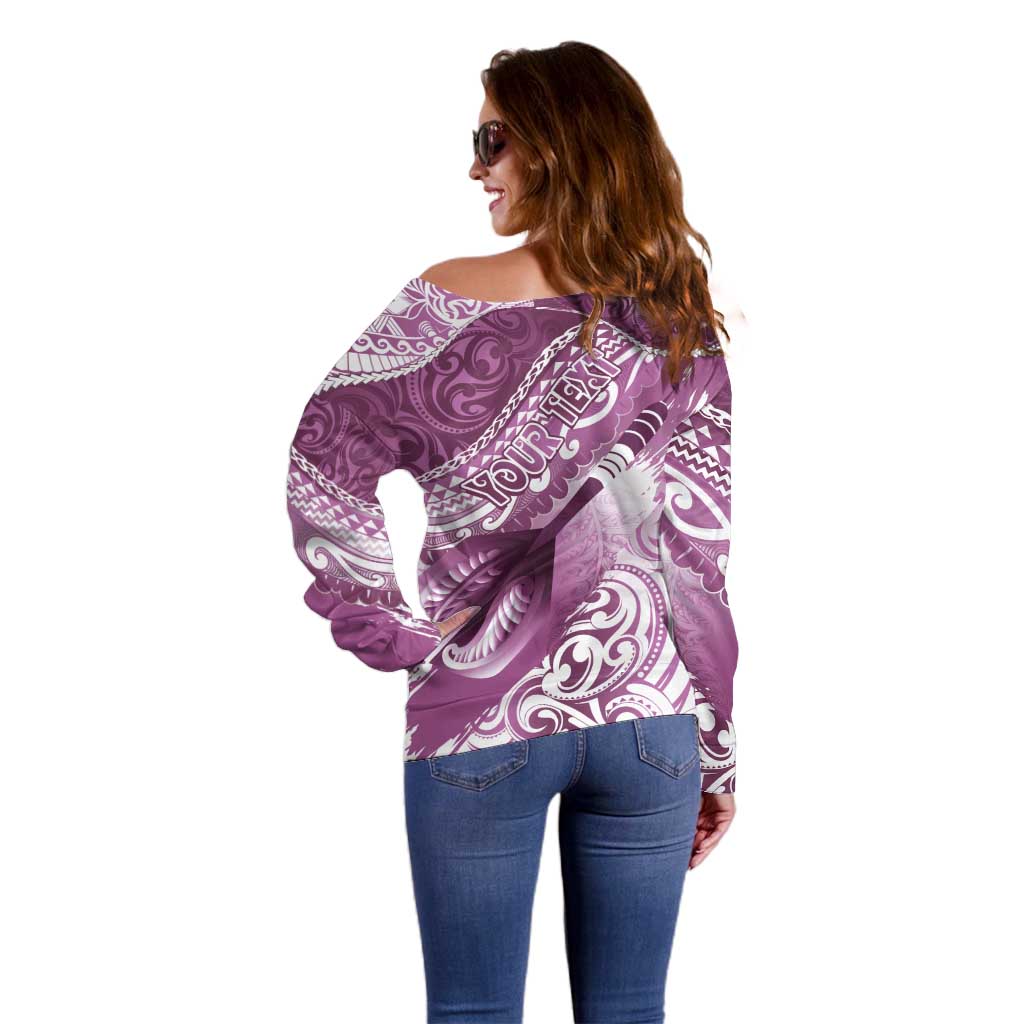 Personalised New Zealand Aotearoa Darts Masters Off Shoulder Sweater Maori Art Tattoo with Tribal Dart Symbol Pink LT03 - Polynesian Pride