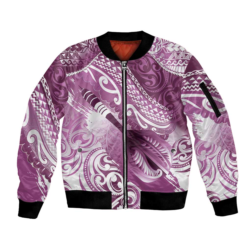 Personalised New Zealand Aotearoa Darts Masters Sleeve Zip Bomber Jacket Maori Art Tattoo with Tribal Dart Symbol Pink LT03 Unisex Pink - Polynesian Pride