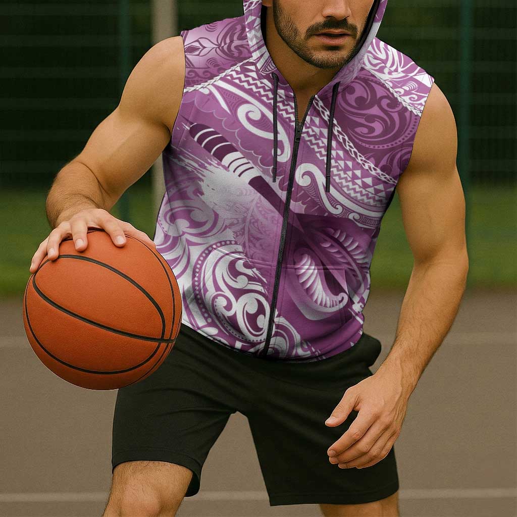 Personalised New Zealand Aotearoa Darts Masters Sleeveless Zip Hoodie Maori Art Tattoo with Tribal Dart Symbol Pink LT03 - Polynesian Pride
