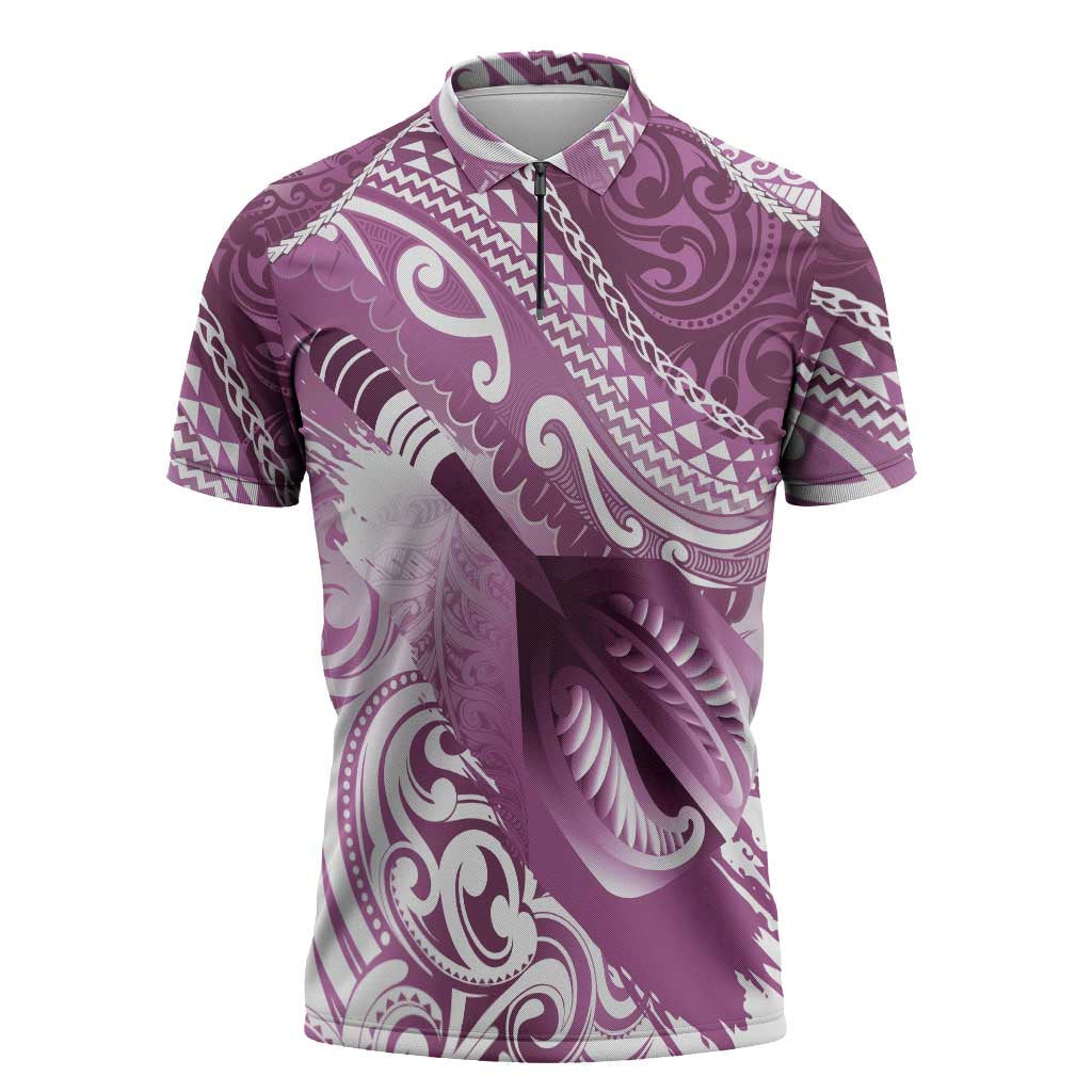 Personalised New Zealand Aotearoa Darts Masters Zipper Polo Shirt Maori Art Tattoo with Tribal Dart Symbol Pink - Polynesian Pride